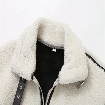 Women’s Contrast Teddy Aviator Jacket - Beige
