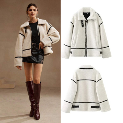 Women’s Contrast Teddy Aviator Jacket - Beige