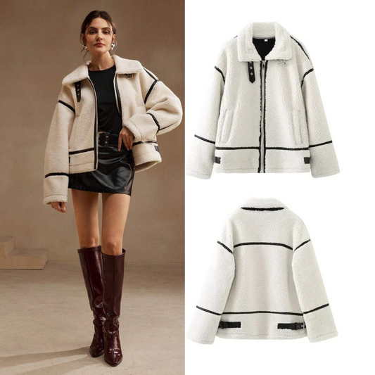 Women’s Contrast Teddy Aviator Jacket - Beige