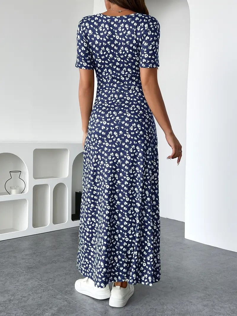 Elowen - V Neck Floral Silk A-Line Dress